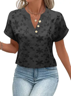 Women's Dressy Casual Tops Floral Embroidery Business Work Blouses Short Sleeve V Neck Tshirt