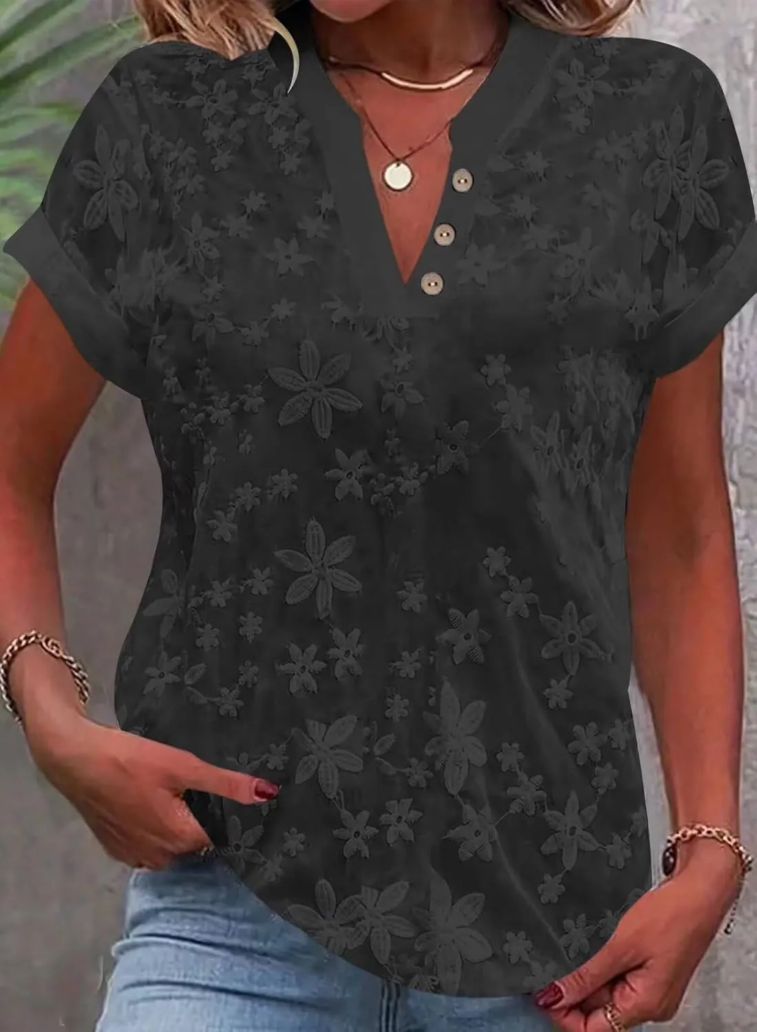 Women's Dressy Casual Tops Floral Embroidery Business Work Blouses Short Sleeve V Neck Tshirt