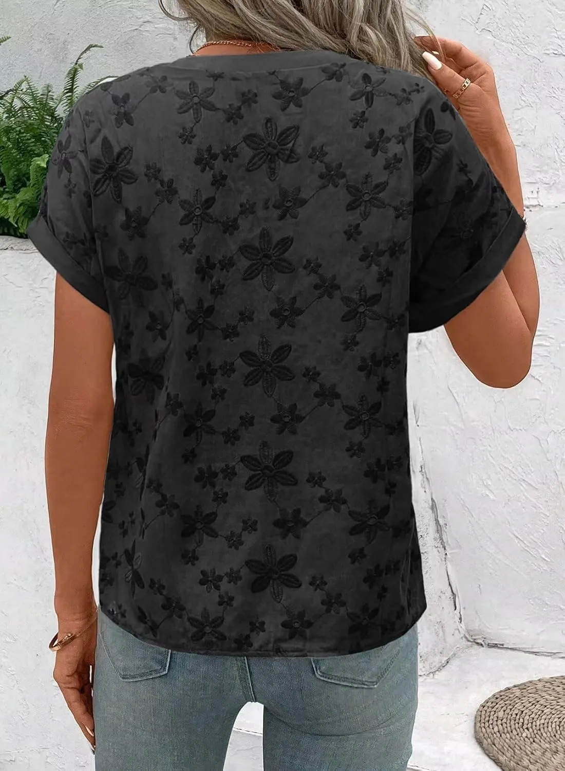 Women's Dressy Casual Tops Floral Embroidery Business Work Blouses Short Sleeve V Neck Tshirt