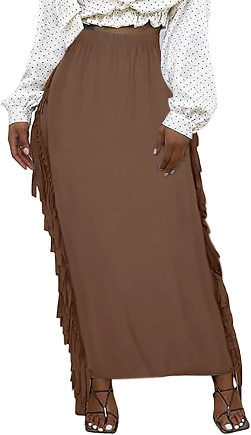Women's Elastic High Waist Slim Bodycon Side Tassels Long Maxi Pencil Skirts Trendy Fashion Midi Skirt for Ladies