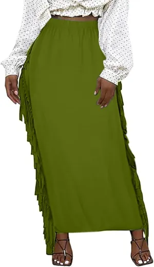 Women's Elastic High Waist Slim Bodycon Side Tassels Long Maxi Pencil Skirts Trendy Fashion Midi Skirt for Ladies