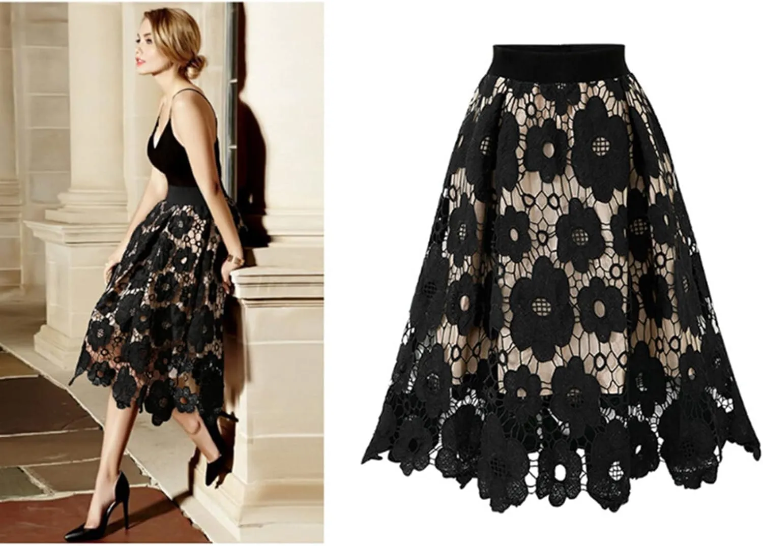 Women's Elegant Lace Skirt Ladies Vintage Knee Length Hollow-Out Floral Lace High Waisted A-Line Midi Long Skirt