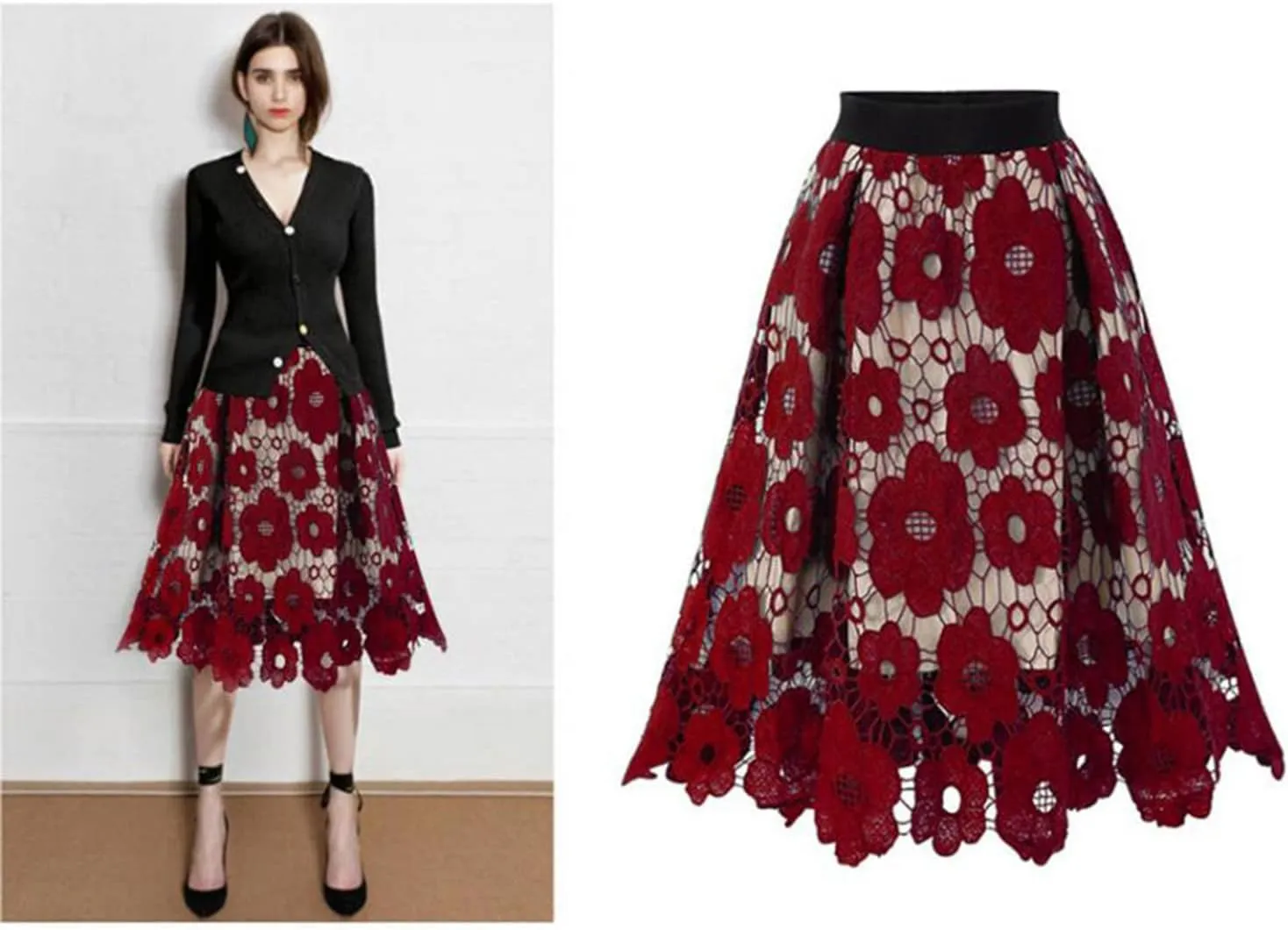Women's Elegant Lace Skirt Ladies Vintage Knee Length Hollow-Out Floral Lace High Waisted A-Line Midi Long Skirt