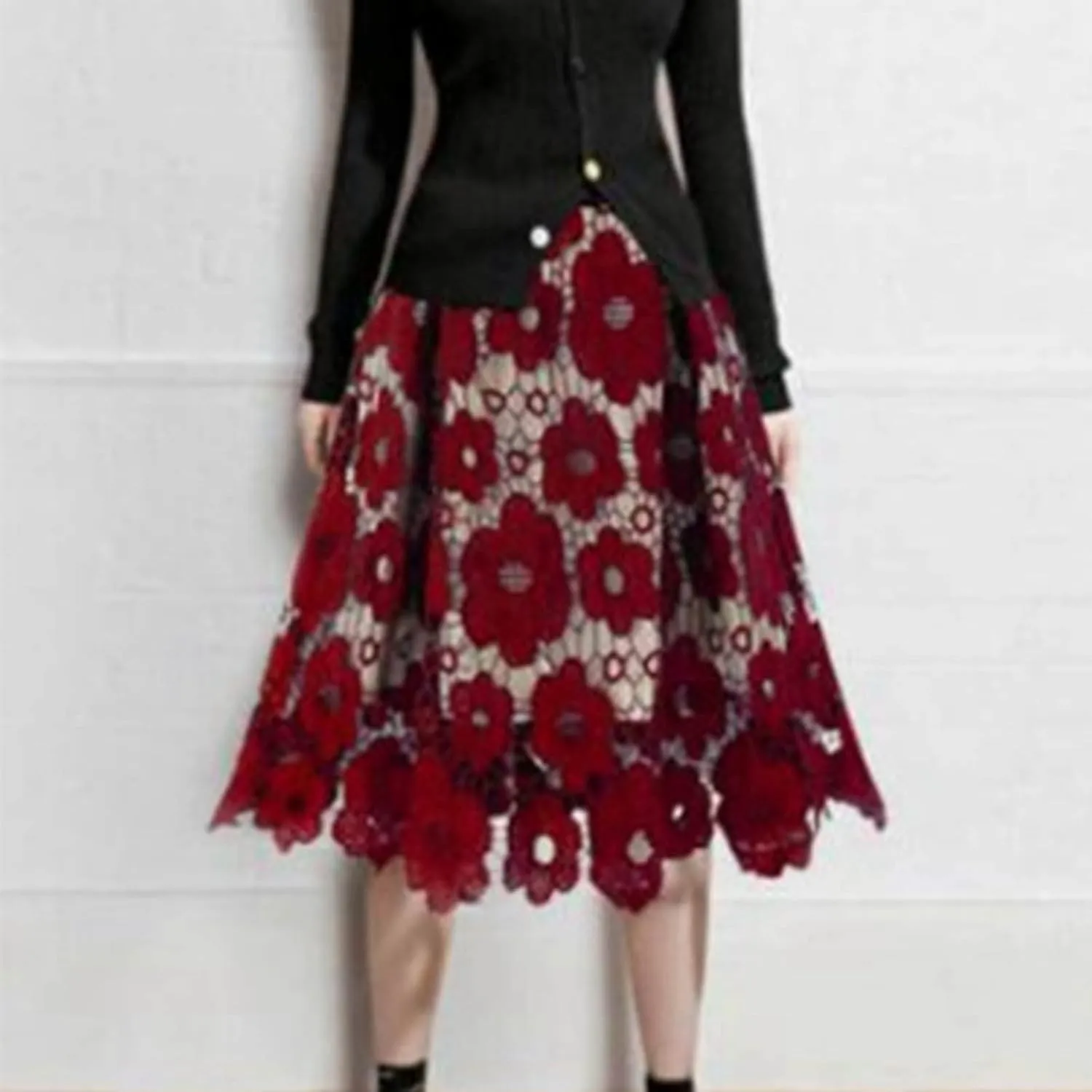 Women's Elegant Lace Skirt Ladies Vintage Knee Length Hollow-Out Floral Lace High Waisted A-Line Midi Long Skirt