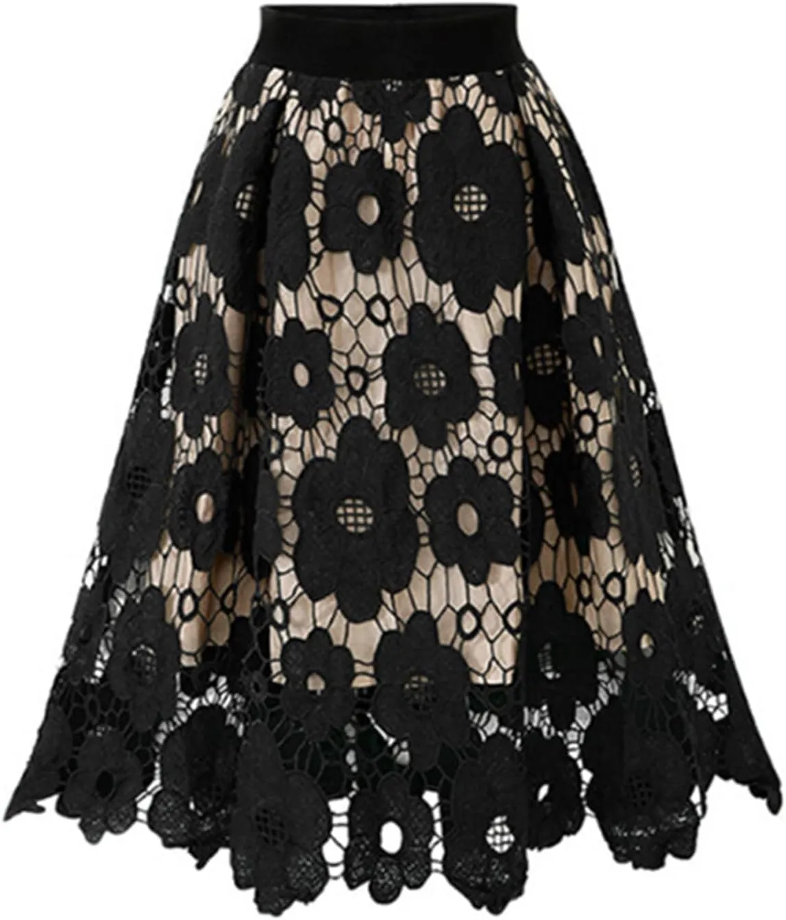 Women's Elegant Lace Skirt Ladies Vintage Knee Length Hollow-Out Floral Lace High Waisted A-Line Midi Long Skirt