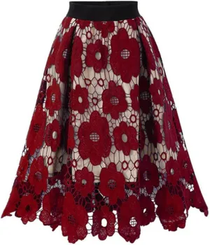 Women's Elegant Lace Skirt Ladies Vintage Knee Length Hollow-Out Floral Lace High Waisted A-Line Midi Long Skirt