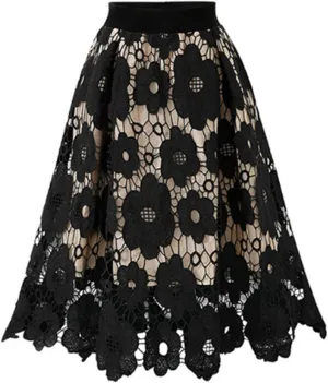 Women's Elegant Lace Skirt Ladies Vintage Knee Length Hollow-Out Floral Lace High Waisted A-Line Midi Long Skirt