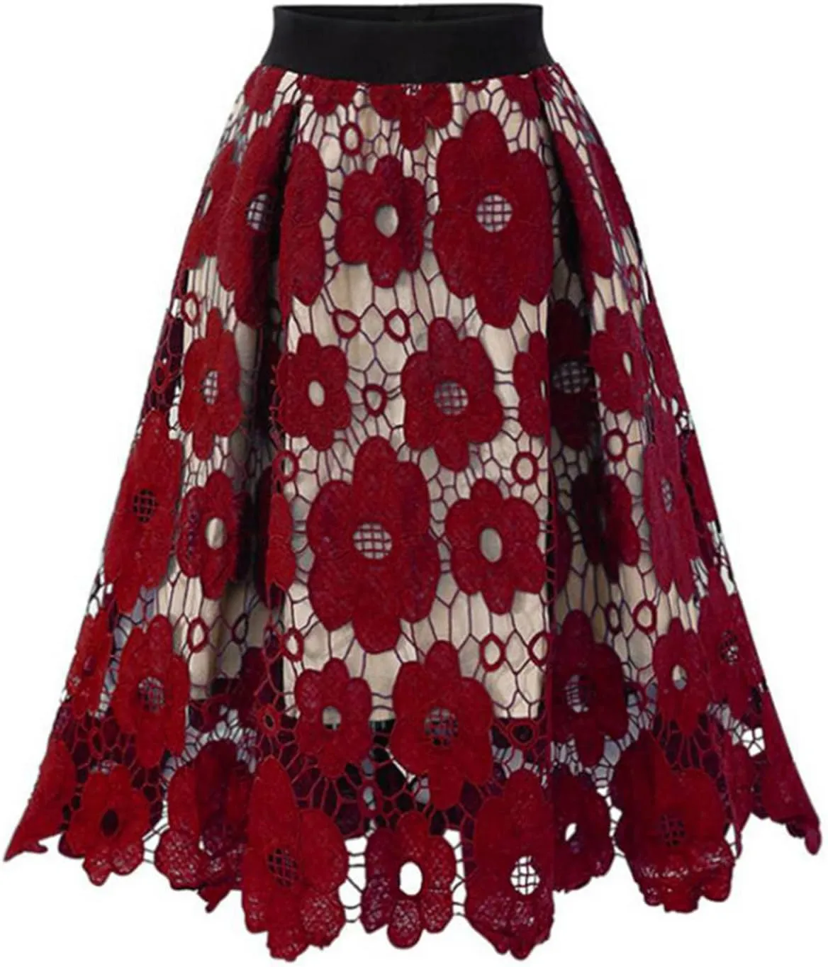 Women's Elegant Lace Skirt Ladies Vintage Knee Length Hollow-Out Floral Lace High Waisted A-Line Midi Long Skirt