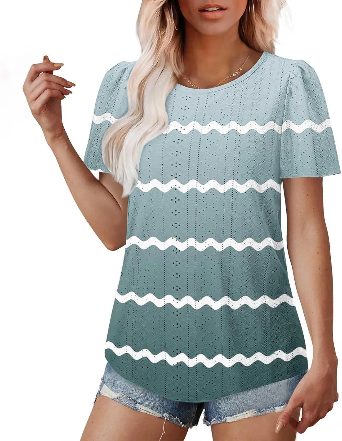 Womens Eyelet Shirts Short Sleeve Crewneck Tops Summer Casual Loose Fit Tunic Blouses Daily Work Basic Tees