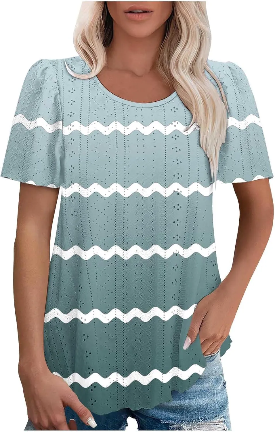 Womens Eyelet Shirts Short Sleeve Crewneck Tops Summer Casual Loose Fit Tunic Blouses Daily Work Basic Tees