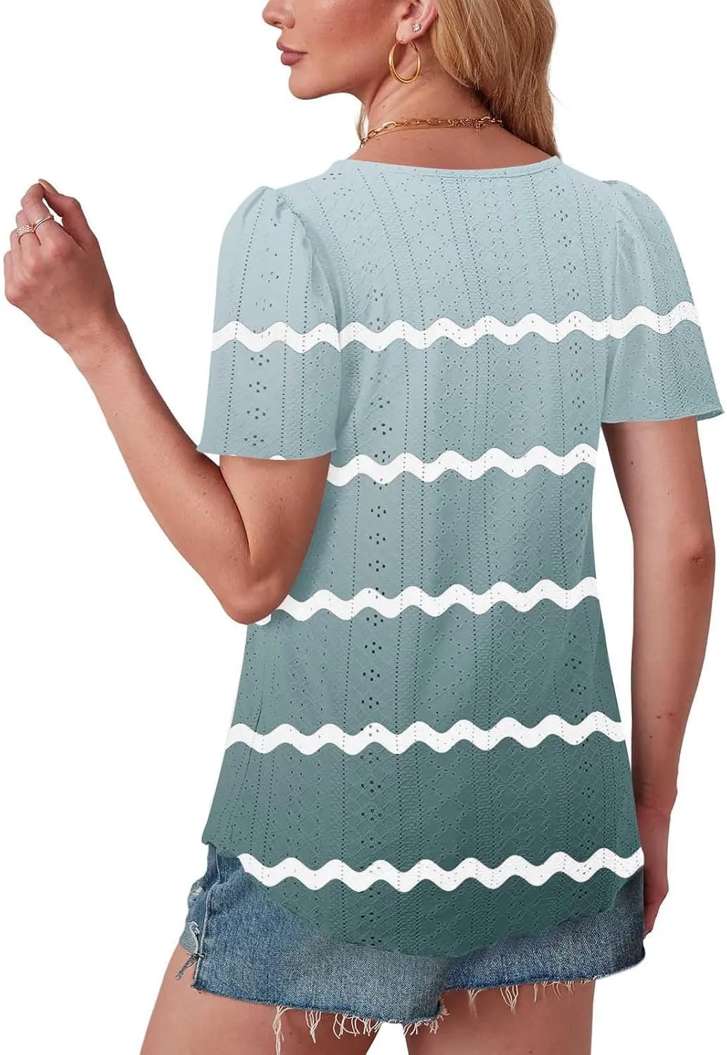 Womens Eyelet Shirts Short Sleeve Crewneck Tops Summer Casual Loose Fit Tunic Blouses Daily Work Basic Tees