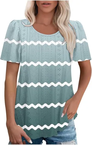 Womens Eyelet Shirts Short Sleeve Crewneck Tops Summer Casual Loose Fit Tunic Blouses Daily Work Basic Tees