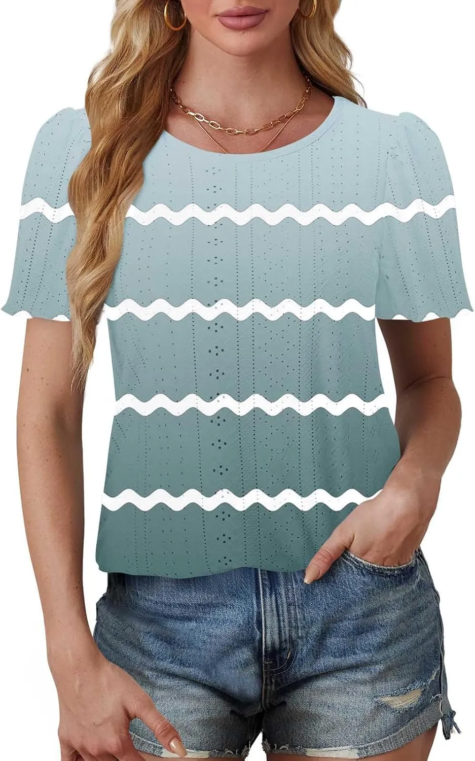 Womens Eyelet Shirts Short Sleeve Crewneck Tops Summer Casual Loose Fit Tunic Blouses Daily Work Basic Tees