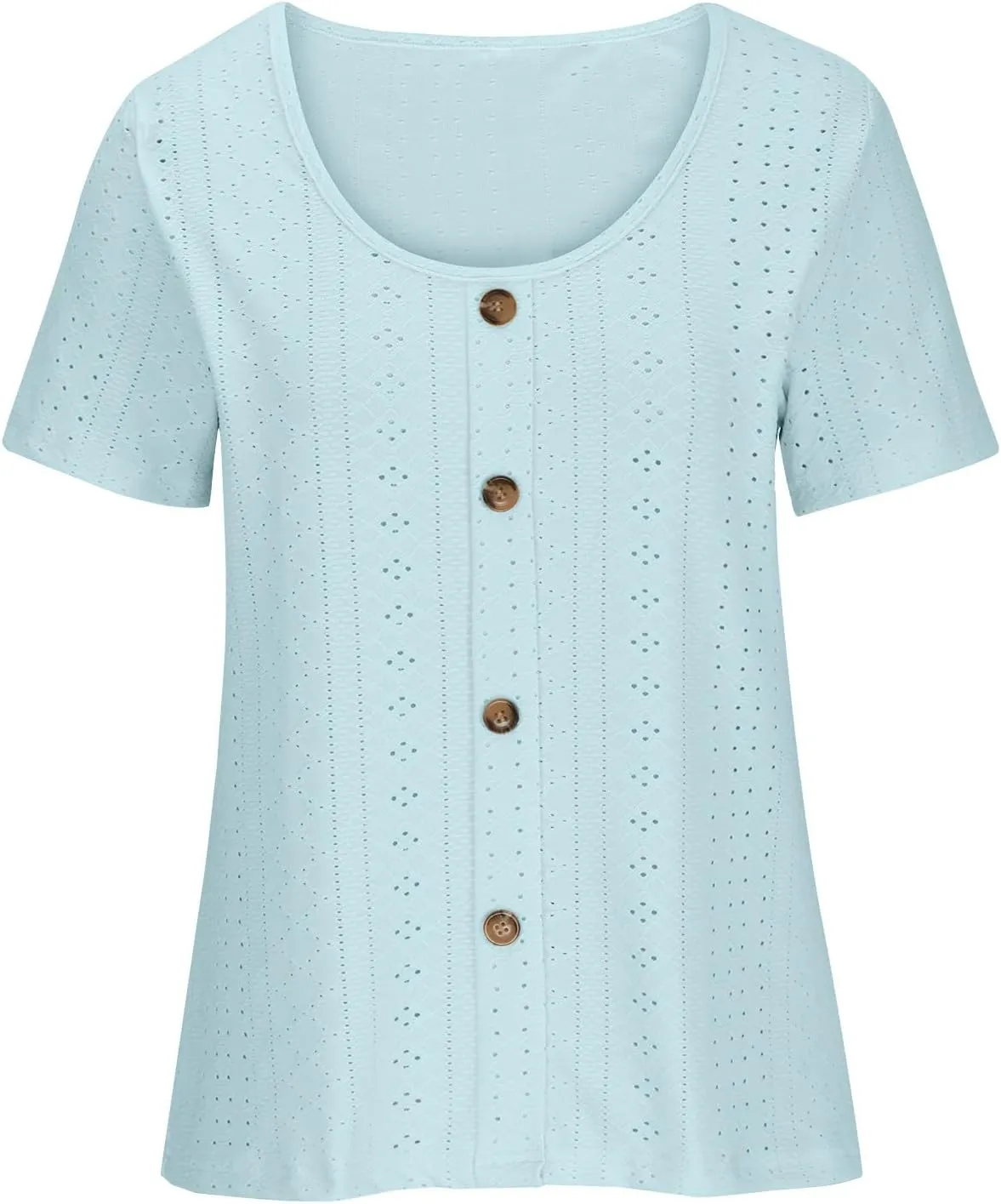 Womens Eyelet T-Shirts Sexy Scoop Neck Tops Casual Solid Short Sleeve Shirts Trendy 2024 Summer Button Tees