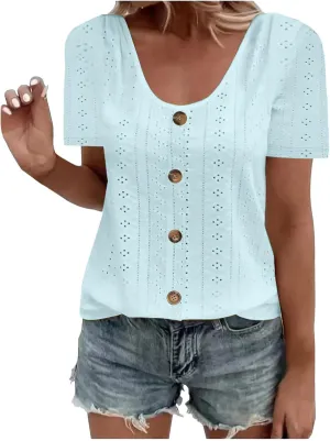 Womens Eyelet T-Shirts Sexy Scoop Neck Tops Casual Solid Short Sleeve Shirts Trendy 2024 Summer Button Tees