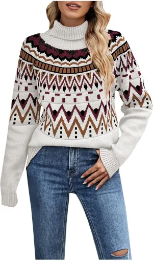 Women's Fair Isle High Neck Sweater Retro Casual Loose Long Sleeve Lightweight Knitted Pullover Tops Jumpers Knitwear