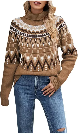 Women's Fair Isle High Neck Sweater Retro Casual Loose Long Sleeve Lightweight Knitted Pullover Tops Jumpers Knitwear