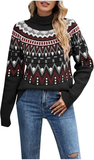 Women's Fair Isle High Neck Sweater Retro Casual Loose Long Sleeve Lightweight Knitted Pullover Tops Jumpers Knitwear