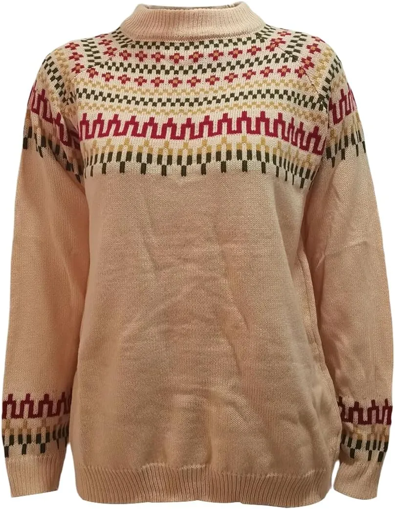 Womens Fair Isle Print Retro Sweater Vintage Mock Neck Knitted Pullover Casual Fall Winter Warm Jumper Tops