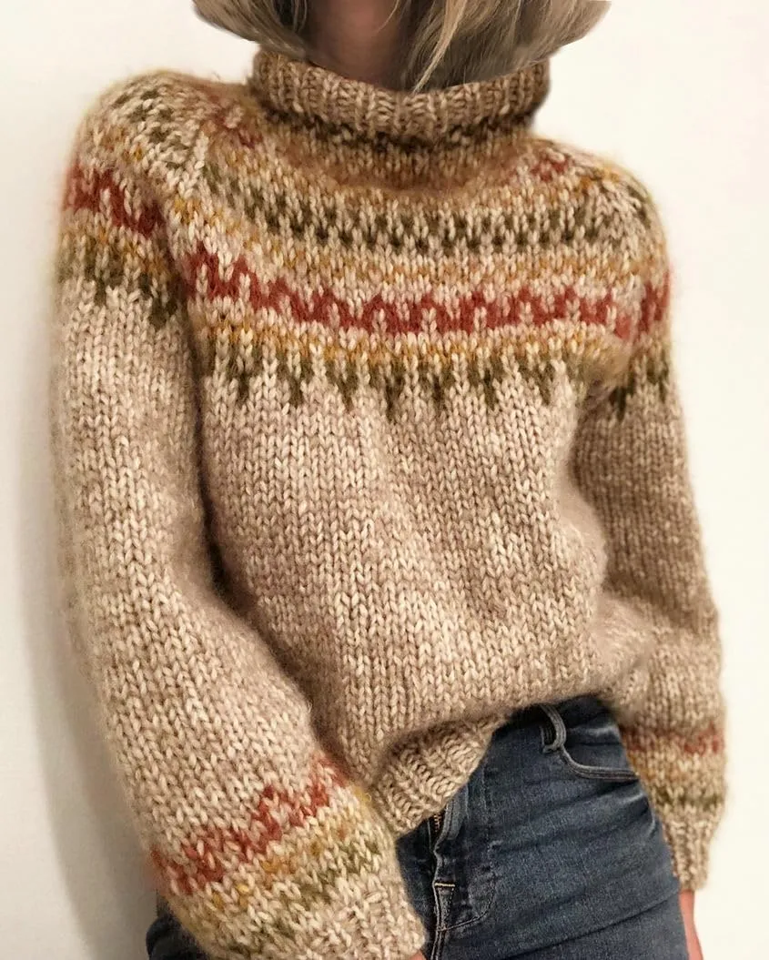 Womens Fair Isle Print Retro Sweater Vintage Mock Neck Knitted Pullover Casual Fall Winter Warm Jumper Tops