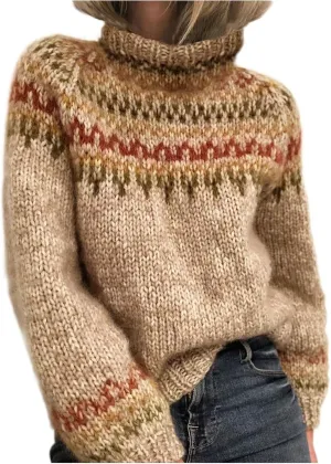 Womens Fair Isle Print Retro Sweater Vintage Mock Neck Knitted Pullover Casual Fall Winter Warm Jumper Tops