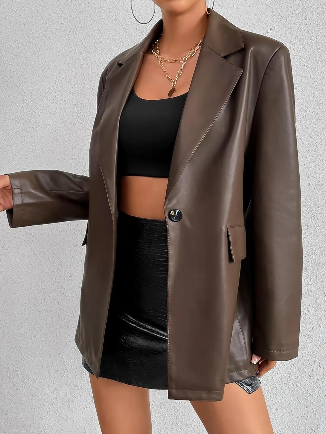 Womens Faux Leather Blazer Jacket Moto Biker Coat Long Sleeves Button Fashion Coats