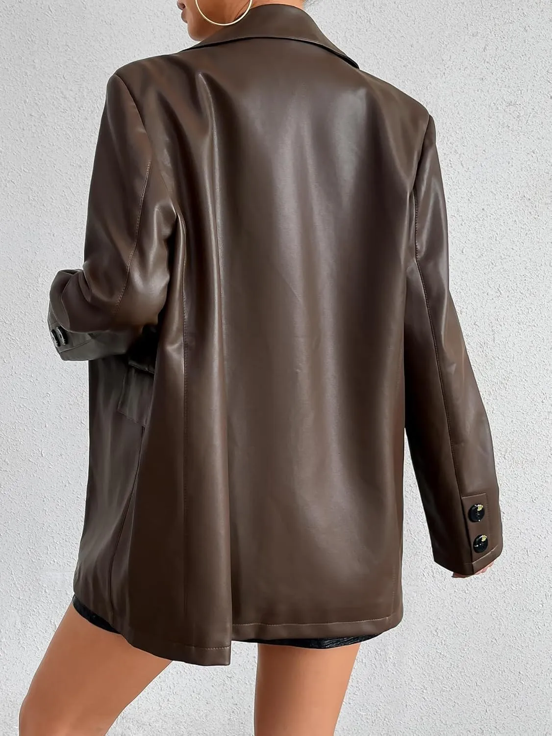 Womens Faux Leather Blazer Jacket Moto Biker Coat Long Sleeves Button Fashion Coats