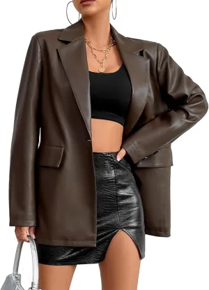 Womens Faux Leather Blazer Jacket Moto Biker Coat Long Sleeves Button Fashion Coats