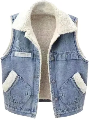 Women's Fleece Sleeveless Jeans Jacket Denim Cowboy Jeans Vest