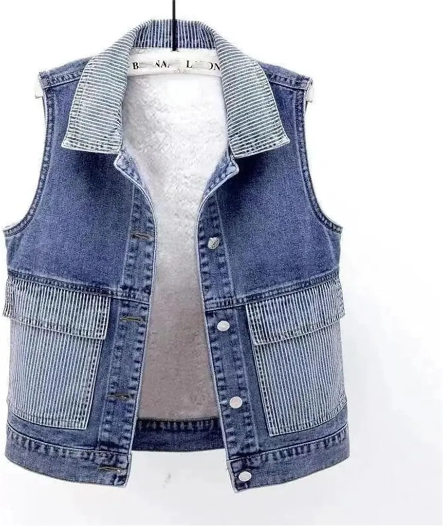 Women's Fleece Sleeveless Jeans Jacket Denim Cowboy Jeans Vest