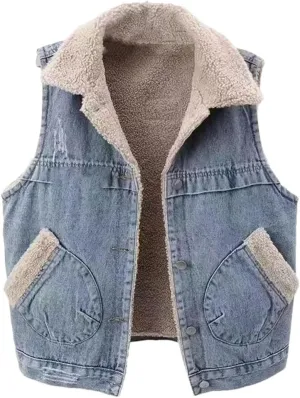 Women's Fleece Sleeveless Jeans Jacket Denim Cowboy Jeans Vest