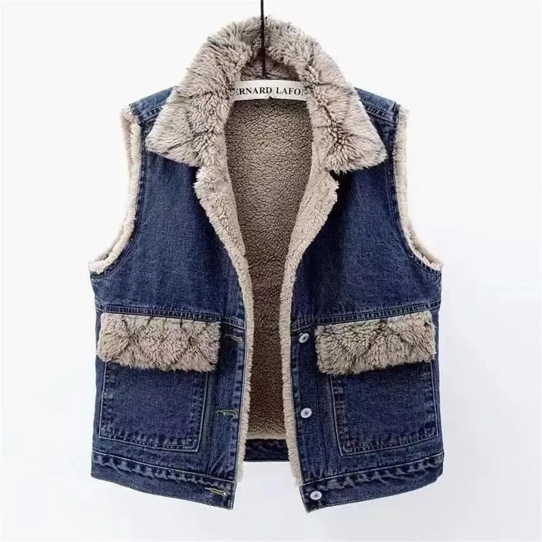 Women's Fleece Sleeveless Jeans Jacket Denim Cowboy Jeans Vest