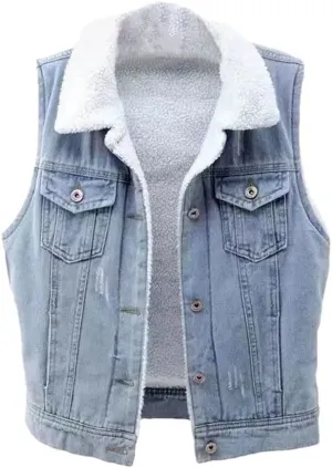 Women's Fleece Sleeveless Jeans Jacket Denim Cowboy Jeans Vest