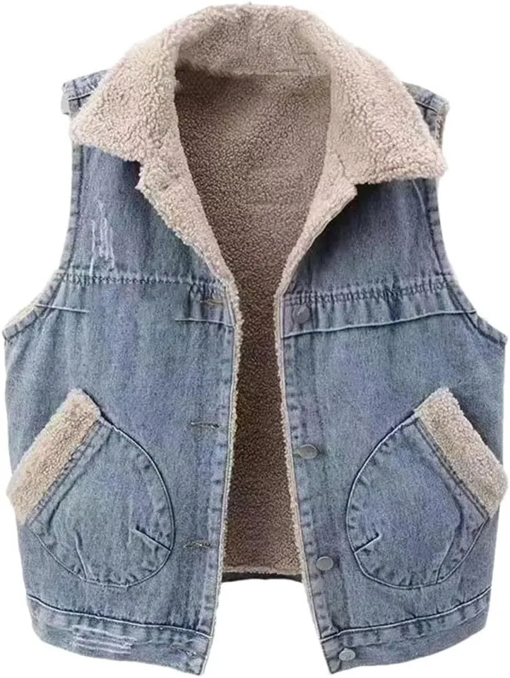 Women's Fleece Sleeveless Jeans Jacket Denim Cowboy Jeans Vest