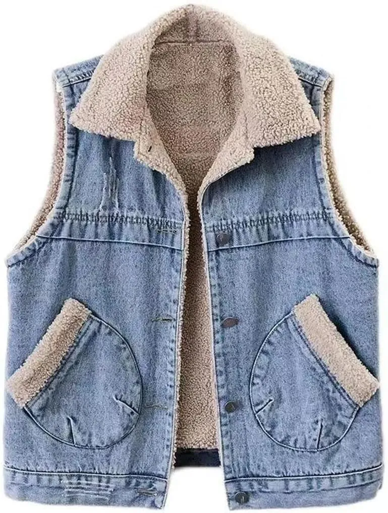 Women's Fleece Sleeveless Jeans Jacket Denim Cowboy Jeans Vest