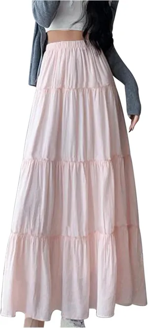 Women's High Waist Cake Skirts Tiered Ruffle Flowy A Line Maxi Skirt Solid Color Bohemian Vacation Beach Skirts