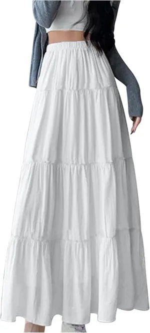 Women's High Waist Cake Skirts Tiered Ruffle Flowy A Line Maxi Skirt Solid Color Bohemian Vacation Beach Skirts
