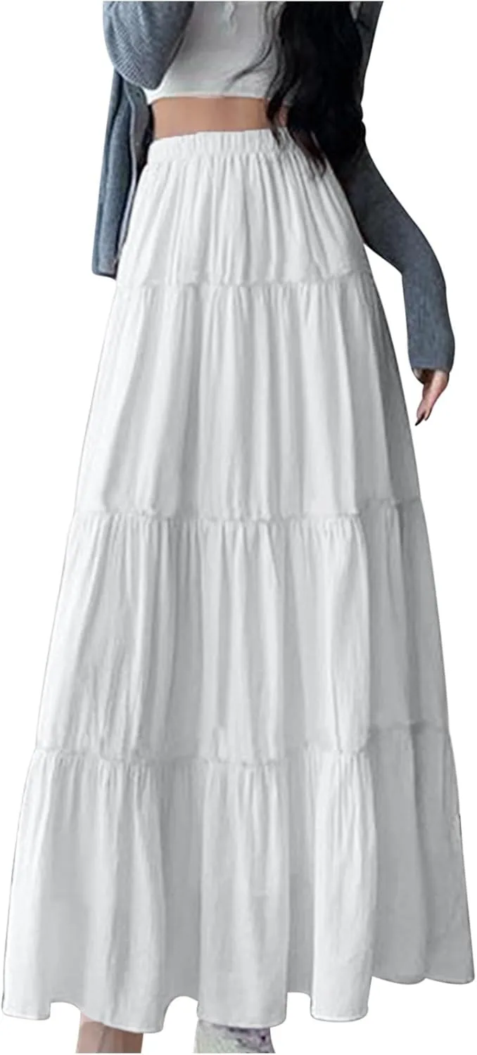 Women's High Waist Cake Skirts Tiered Ruffle Flowy A Line Maxi Skirt Solid Color Bohemian Vacation Beach Skirts