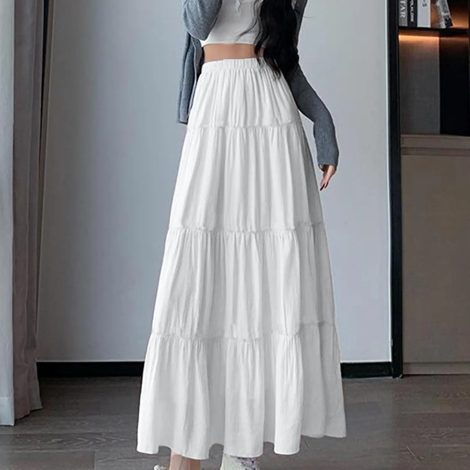 Women's High Waist Cake Skirts Tiered Ruffle Flowy A Line Maxi Skirt Solid Color Bohemian Vacation Beach Skirts