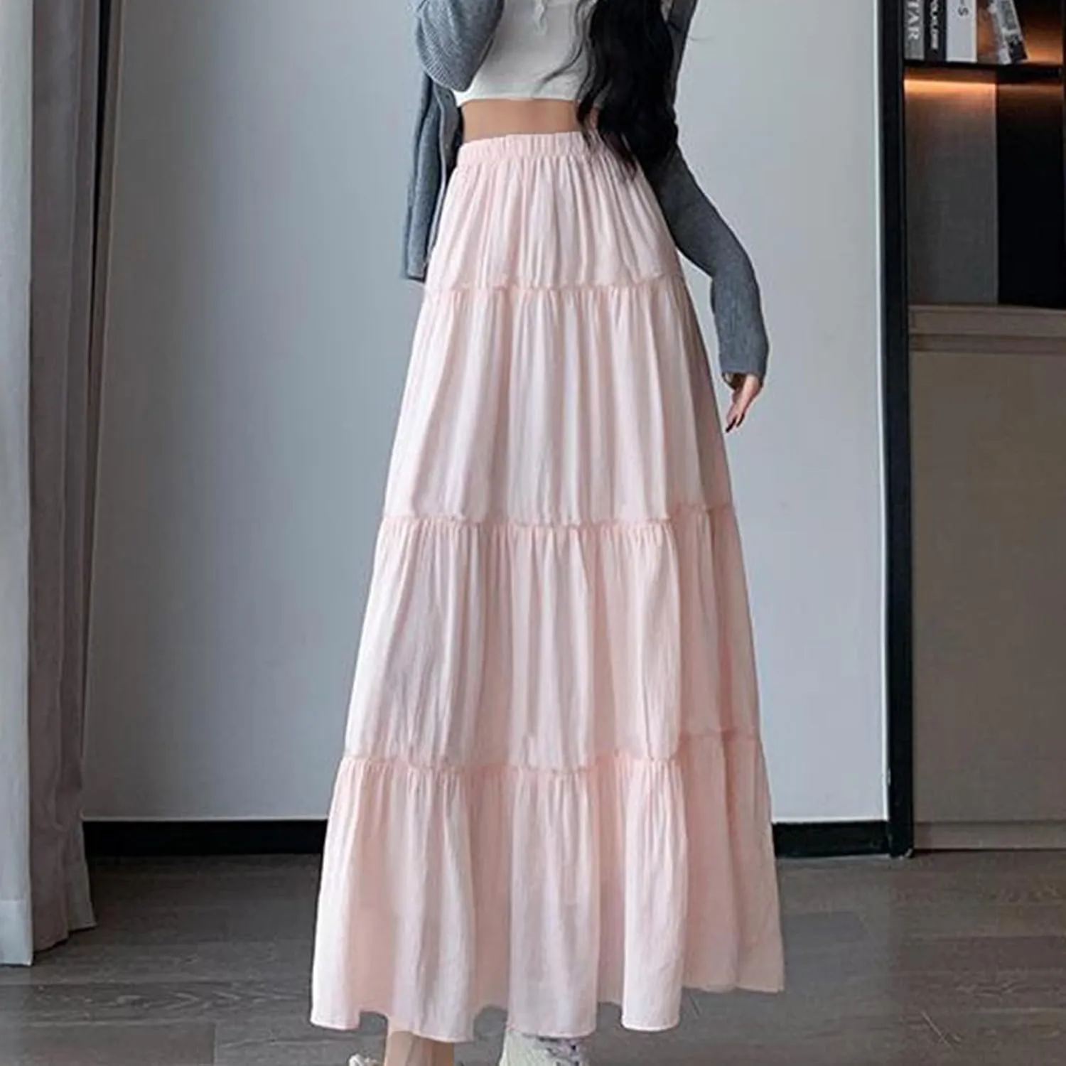 Women's High Waist Cake Skirts Tiered Ruffle Flowy A Line Maxi Skirt Solid Color Bohemian Vacation Beach Skirts