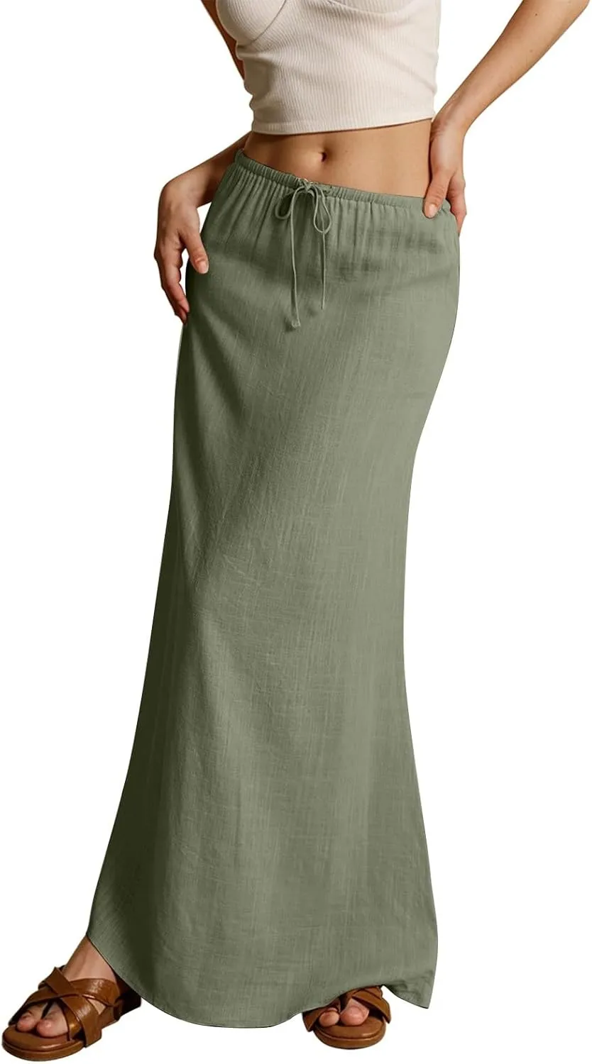 Women's High Waist Linen A-Line Maxi Skirt - Flowy Summer Skirts with Pockets, Casual & Trendy