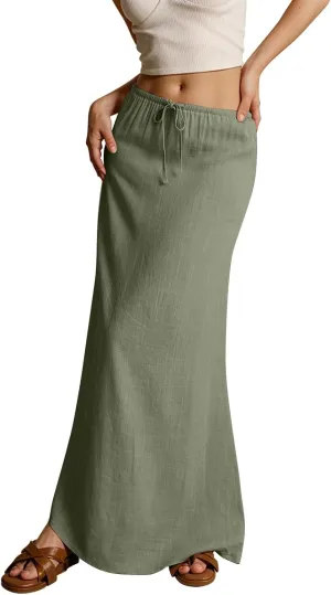 Women's High Waist Linen A-Line Maxi Skirt - Flowy Summer Skirts with Pockets, Casual & Trendy