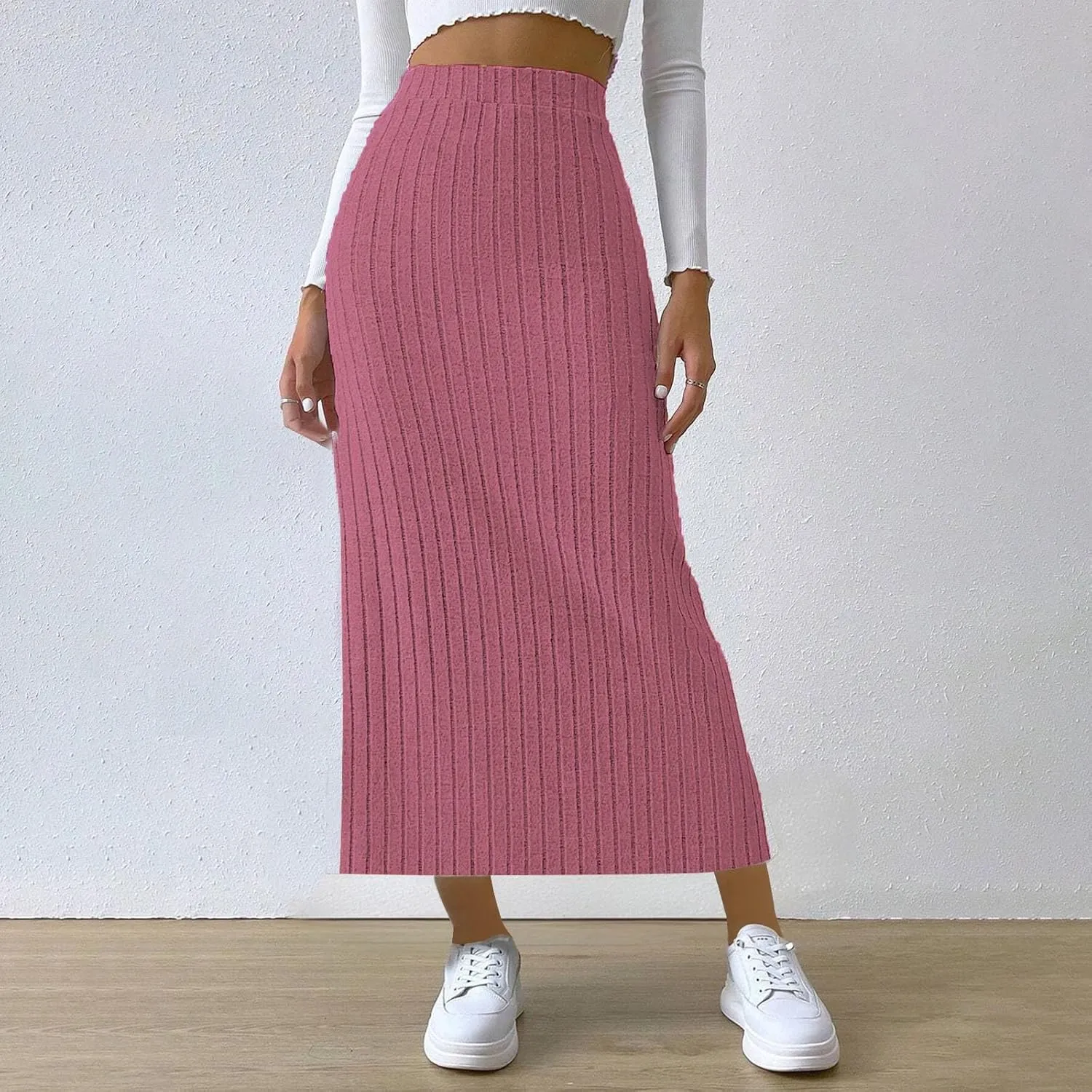 Women's High Waist Long Maxi Skirt Stretch Slim Fit Bodycon Work Pencil Skirts Solid Color Business Dress