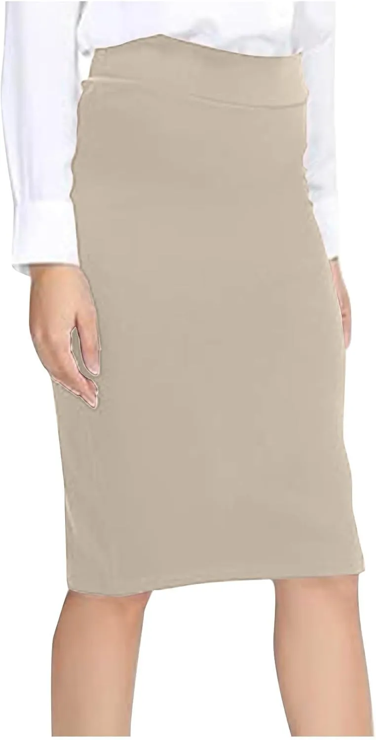 Women's High Waist Tummy Control Pencil Skirts Stretchy Bodycon Tight Short Midi Skirt Below Knee with Back Slit