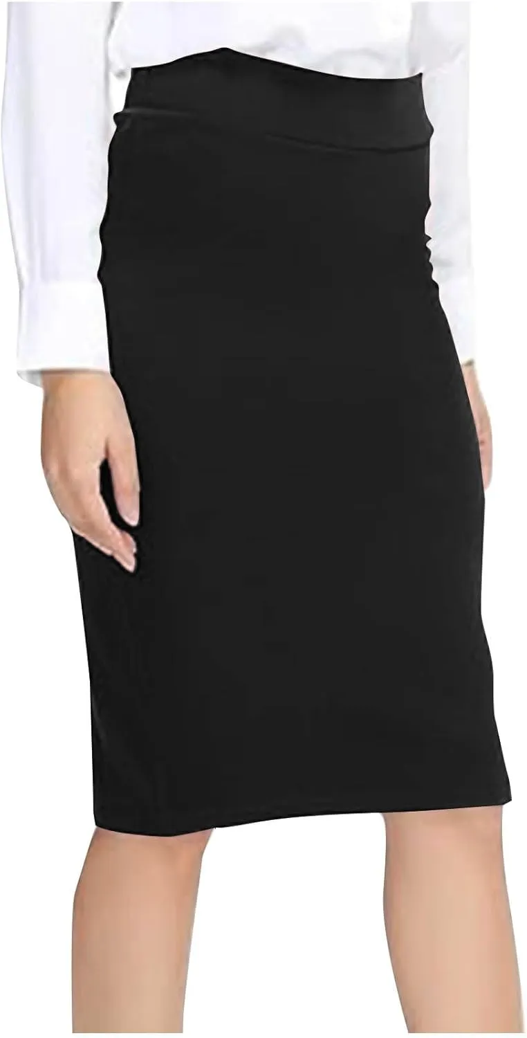 Women's High Waist Tummy Control Pencil Skirts Stretchy Bodycon Tight Short Midi Skirt Below Knee with Back Slit