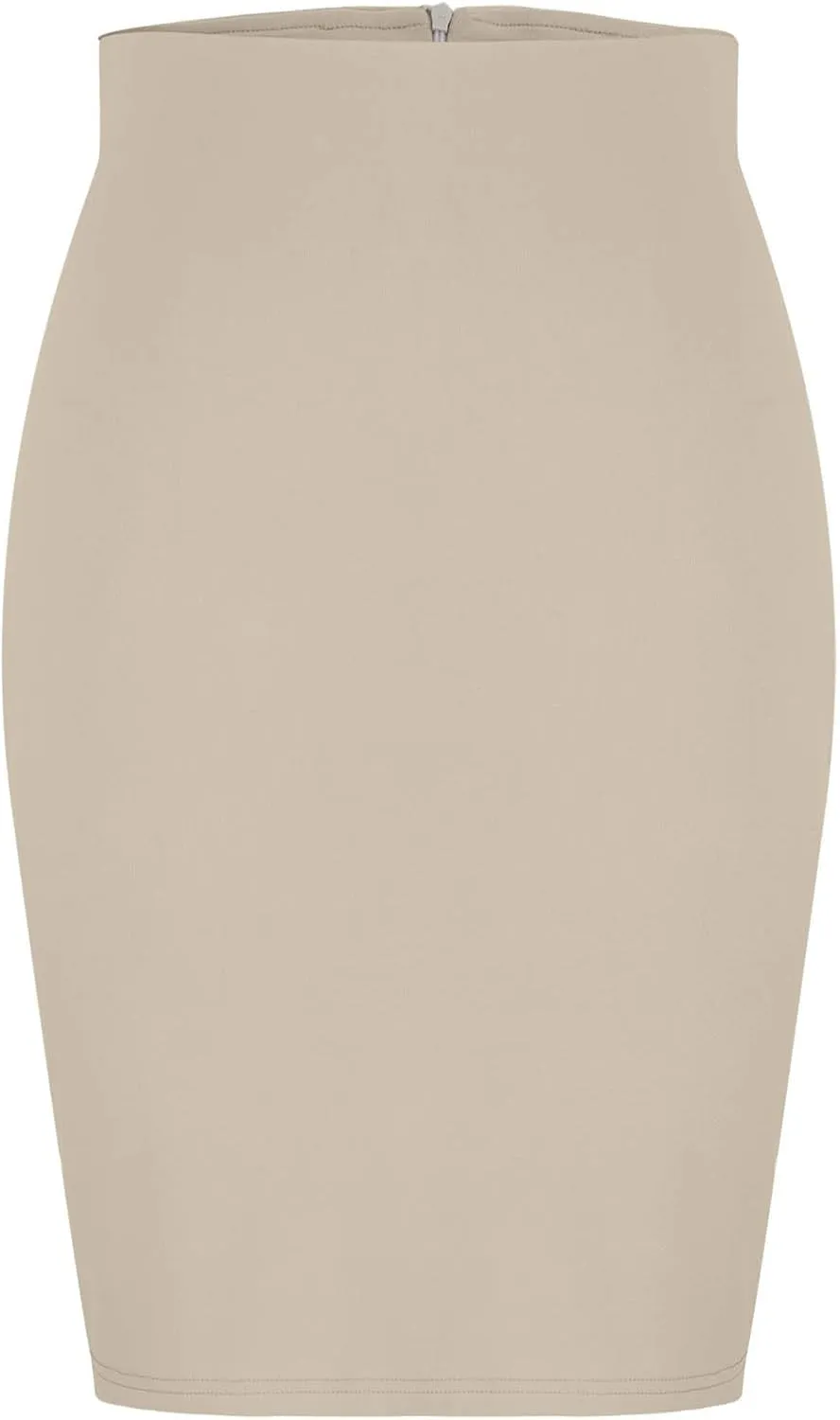 Women's High Waist Tummy Control Pencil Skirts Stretchy Bodycon Tight Short Midi Skirt Below Knee with Back Slit