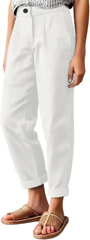 Women's High Waisted Dress Pants Casual Linen Straight Leg Beach Lounge Pants Work Office Suit Trousers with Pockets