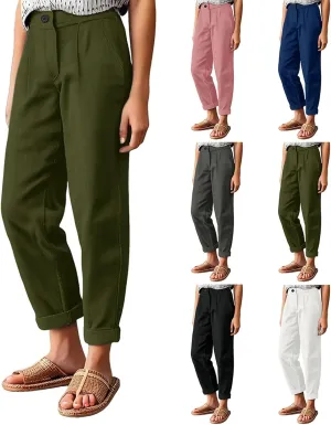Women's High Waisted Dress Pants Casual Linen Straight Leg Beach Lounge Pants Work Office Suit Trousers with Pockets