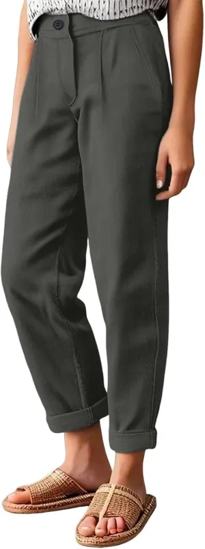 Women's High Waisted Dress Pants Casual Linen Straight Leg Beach Lounge Pants Work Office Suit Trousers with Pockets