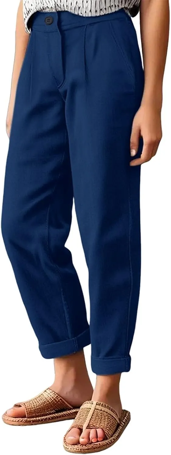 Women's High Waisted Dress Pants Casual Linen Straight Leg Beach Lounge Pants Work Office Suit Trousers with Pockets